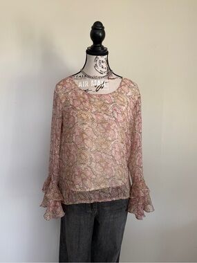 Vintage Y2K Julia Peach Pink Paisley Whimsy Boho Fairy Long Ruffle Sleeve Blouse